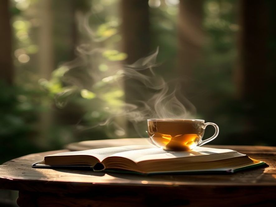 Warm cup of herbal tea on a wooden table with a book and soft lighting