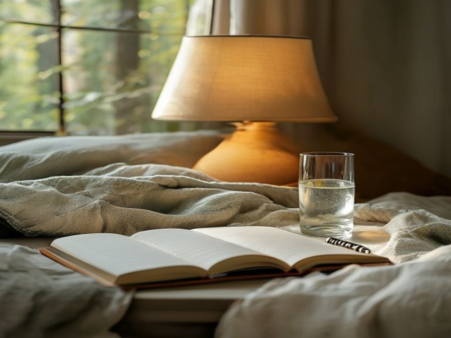Minimalist bedside table with a small lamp, water glass, and notebook, dark headboard behind