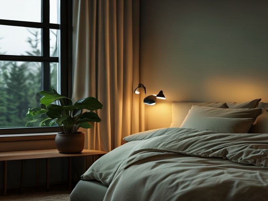 Minimalist bedroom with soft ambient lighting, plants, and organized nightstand