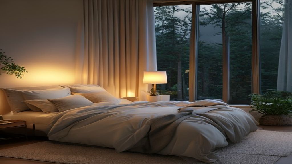 Peaceful evening setting with soft lamplight and calming atmosphere