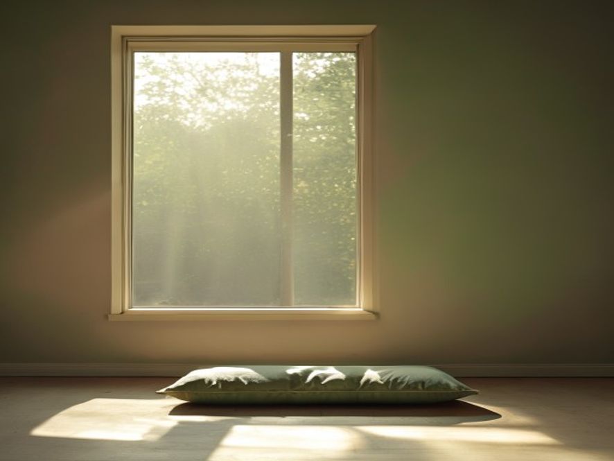 Person sitting quietly by a window with soft evening light, in a meditative posture